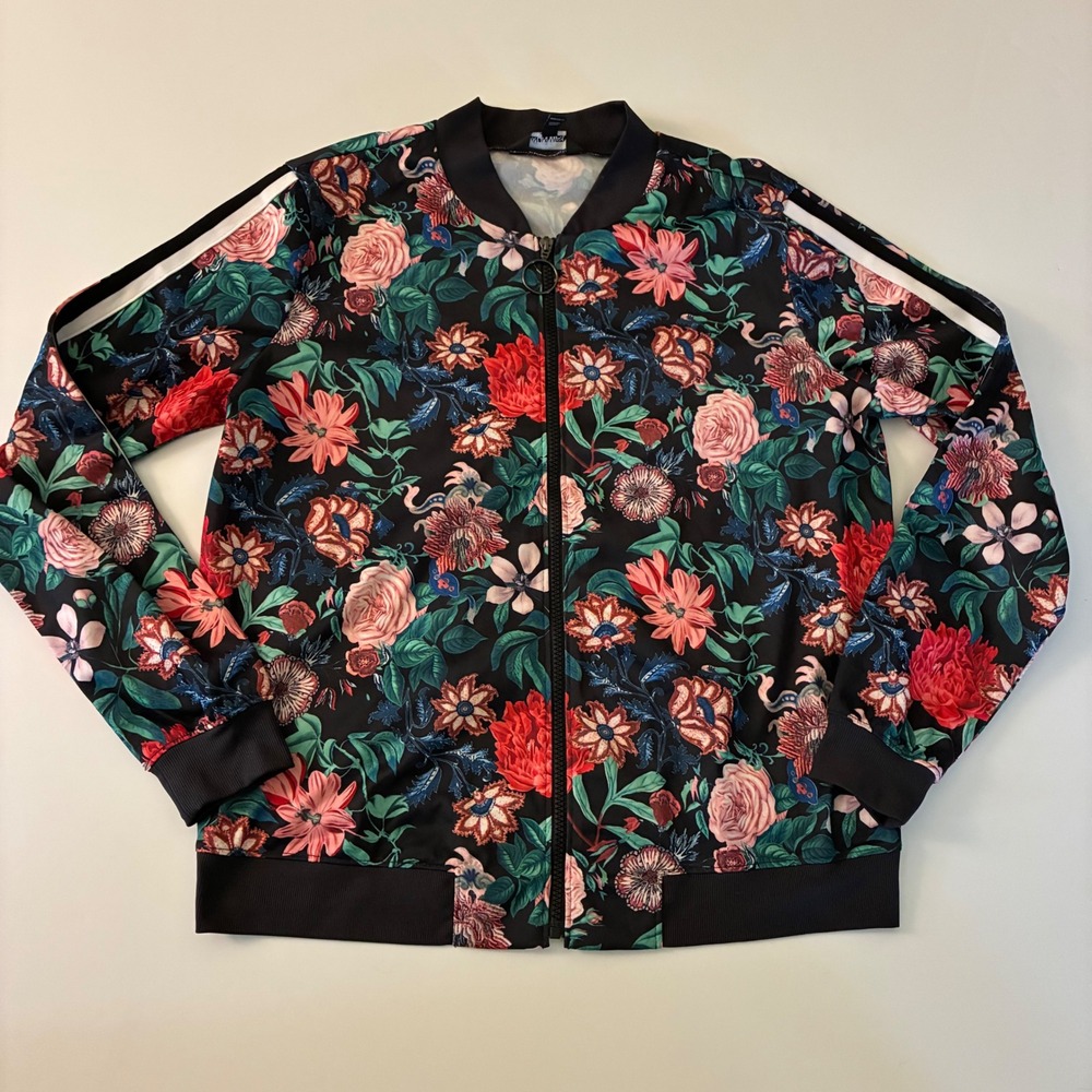 Project Runway Large Floral Bomber Jacket Black Pink Red Racing Stripe Zip Up